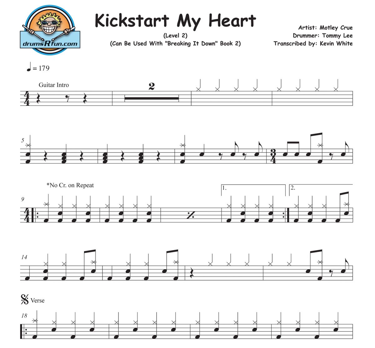Motley Crue, Kickstart My Heart Drum Transcription Level 2